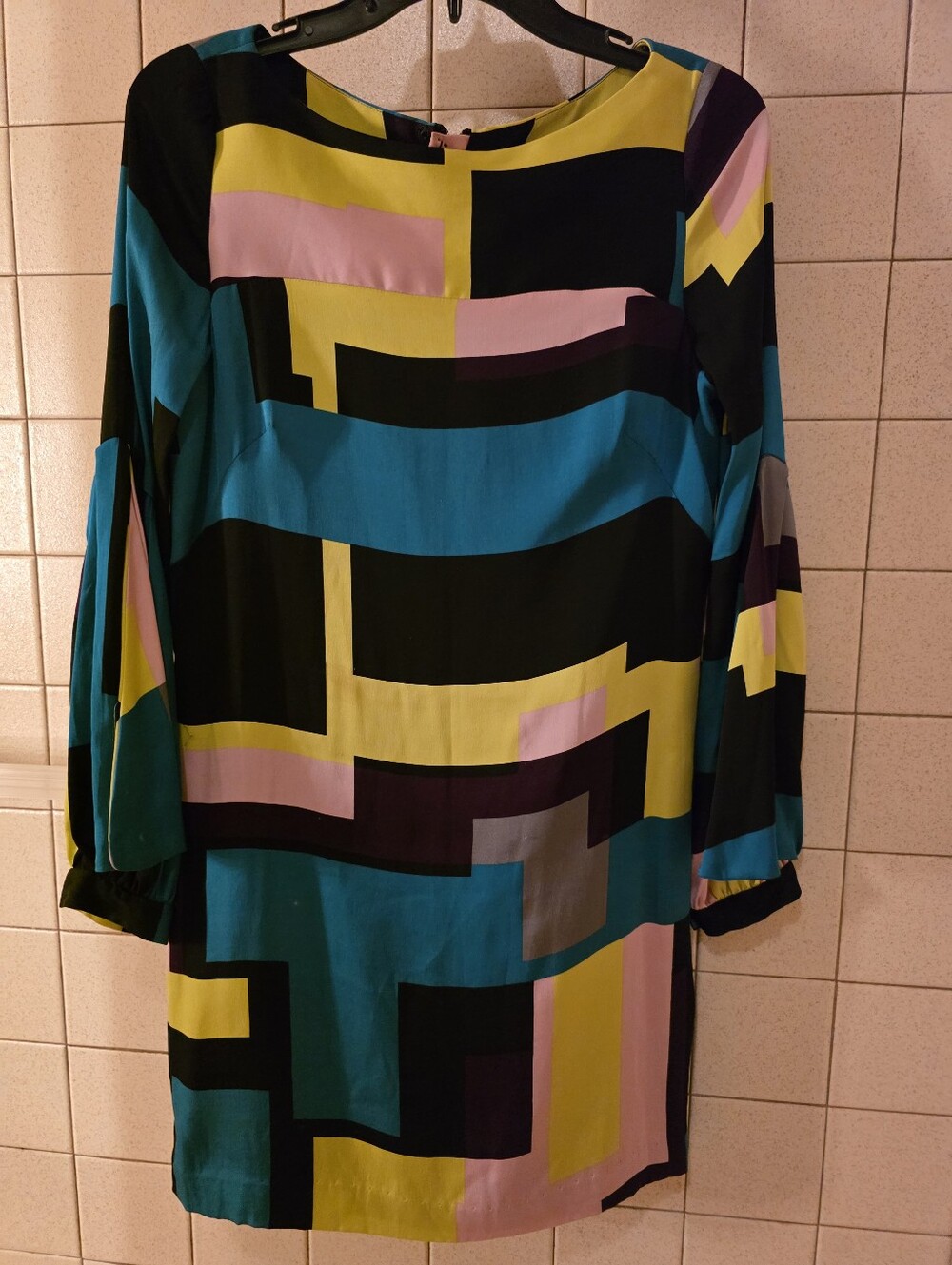 MILLY Geometric Print Shift Dress in Teal, Yellow & Pink